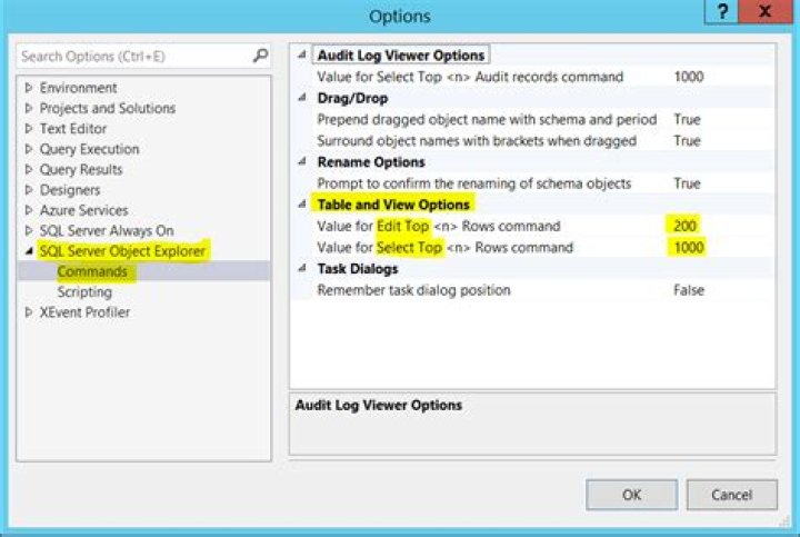 How do I change the select top 1000 rows or edit top 200 rows default values in SQL Server Management Studio?