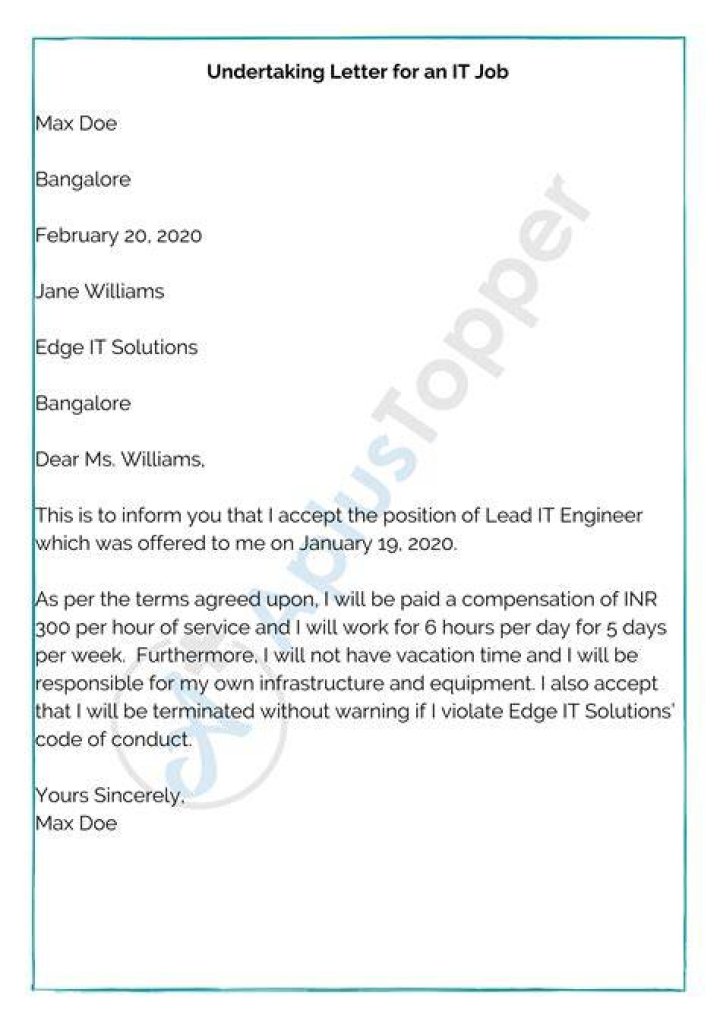 How do I write an undertaking letter to a company?
