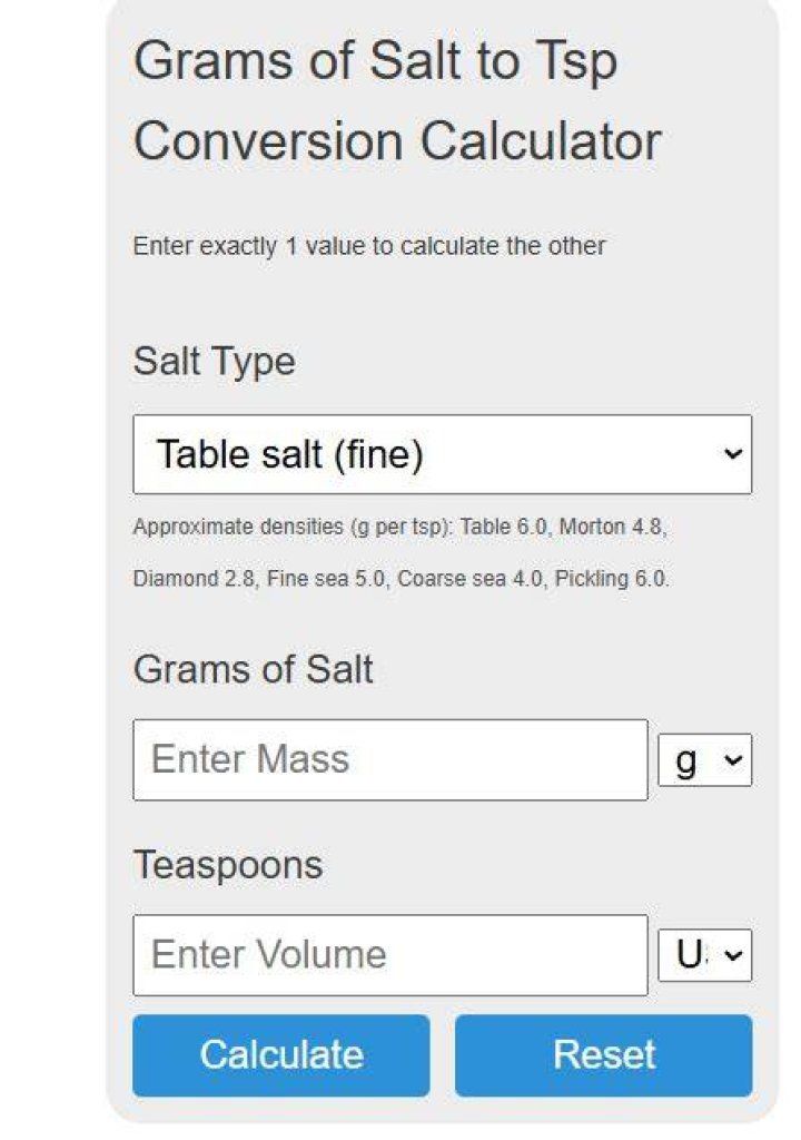 How much is 1 tsp of salt in grams?