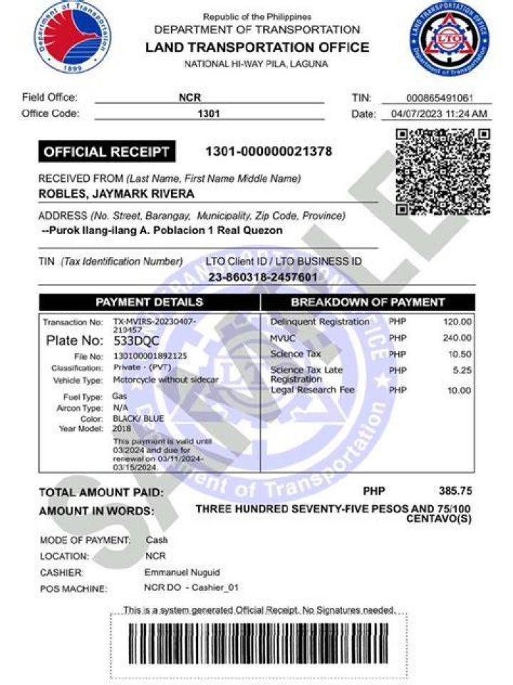 What font is used in LTO official receipt?